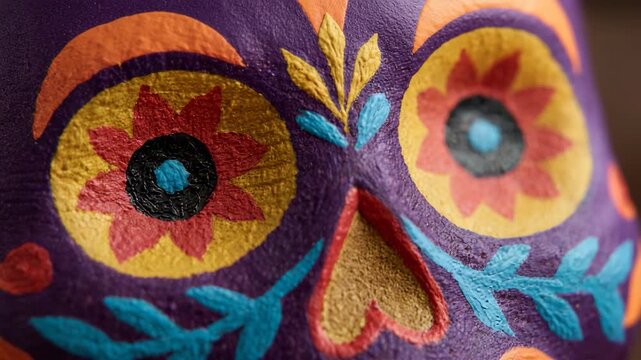 This shot captures a beautifully decorated sugar skull, a traditional symbol, rich in colors and patterns, embodying the celebration of life and death in Mexican culture.