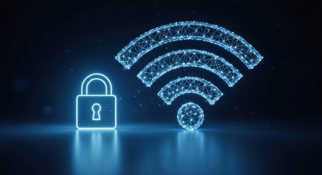 Glowing polygonal Wifi signal with padlock on blue, digital security concept - Powered by Adobe