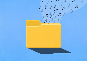 Music notes floating from digital yellow file folder against blue background
