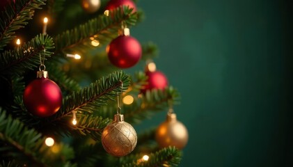 Classic green tree, warm white lights, red & gold ornaments , festive, simple, green