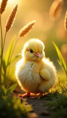 Fluffy chick nestled amongst tall, golden reeds, sunlight dappled , stem, bird, countryside