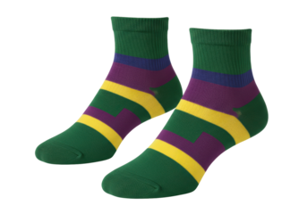 Isolated pair of green socks with stripes of yellow, purple and blue, fun casual hosiery