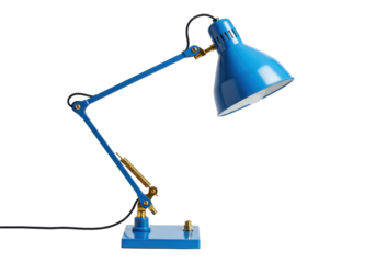 Isolated blue desk lamp, adjustable arm, task lighting, retro design, home or office workspace