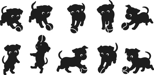 Cute puppy silhouettes playing with ball, adorable dog cartoon collection, playful pet vector illustration for animal design, logo and decoration