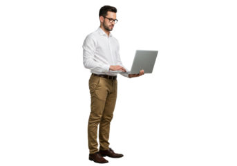Focused man with laptop isolated on transparent PNG, business professional using computer for work and communication