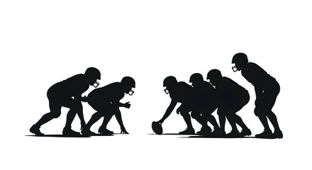 A silhouette of an American football team on the line of scrimmage, ready for the snap. Minimalist graphic, isolated on a clean white background.