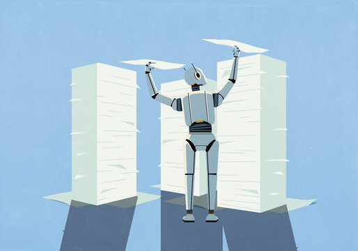 Humanoid robot placing paper documents on tall stacks
