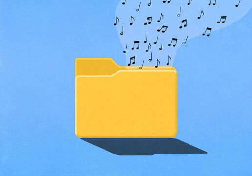 Music notes floating from digital yellow file folder against blue background
