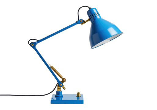 Isolated blue desk lamp, adjustable arm, task lighting, retro design, home or office workspace