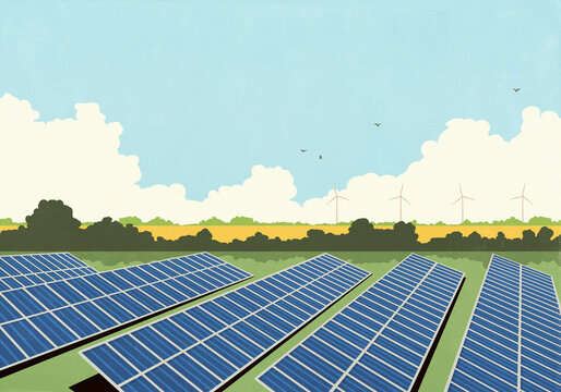 Rows of solar panels in sunny, idyllic rural field with solar farm in background
