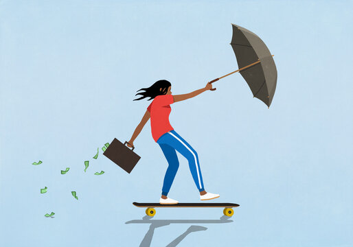 Woman with money briefcase and umbrella riding skateboard in the breeze
