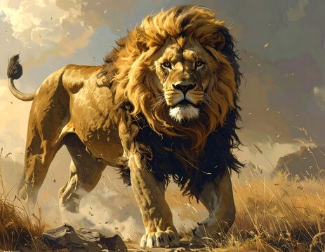 A majestic lion strides confidently across a sun-drenched savanna. Its golden mane and powerful physique radiate strength. The artwork showcases detailed brushstrokes