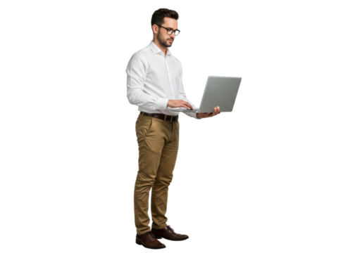 Focused man with laptop isolated on transparent PNG, business professional using computer for work and communication