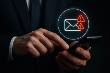 Businessman Using Smartphone with Notification Icon for Urgent Message in Dark Environment