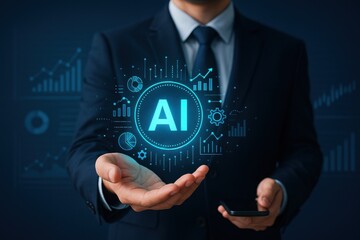 Businessman Holding AI Symbol with Digital Graphs and Data Indicators for Technology and Innovation Concept