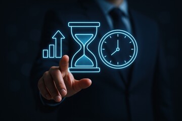 Businessman Touching Projection of Hourglass Chart and Clock Concept for Time Management and Growth