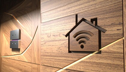 Modern Smart Home Automation Concept Integrated Wooden Wall Panel with Wi-Fi House Icon and Sleek Control Switches for Contemporary Interior Design and Connectivity Solutions