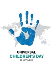 Celebrate universal childrens day with a blue handprint over a world map isolated on white background, symbolizing global unity