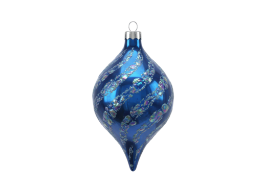 Isolated bright blue Christmas ornament teardrop shape, wavy pattern and iridescent accents