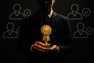 Elegant silhouette of a business professional holding a golden award with abstract background illustrations