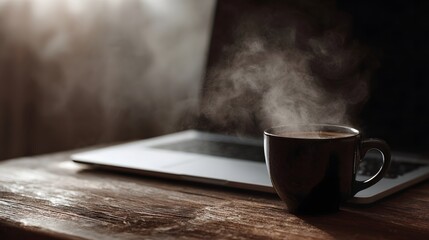 A dark mug of steaming hot coffee rests on a rustic wooden desk next to an open laptop bathed in soft morning light creating a scene of focused