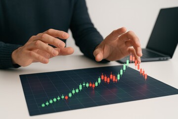 Businessman Analyzing Stock Market Trends with Candlestick Graph on Table and Laptop in Office Setting