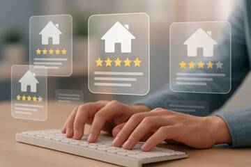Person Working on Laptop with Real Estate Reviews and Ratings in Modern Office Setting