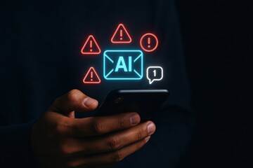 Hand Holding Smartphone with Notifications about AI Alerts and Warnings in Dark Environment