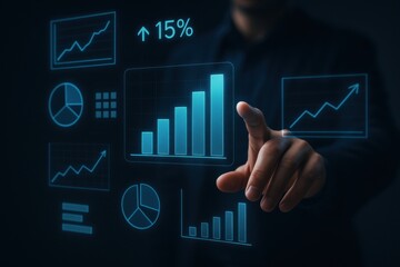Businessman Interacting with Digital Data Charts and Graphs in a Dark Environment