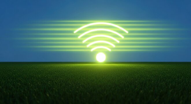 Glowing WiFi symbol on grass, blue background with a light source effect - Powered by Adobe
