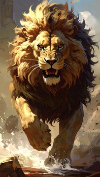 A majestic lion with a golden mane charges forward. Dramatic lighting illuminates its face, showcasing intense eyes and teeth. Background is a blurred rocky terrain