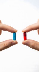 Two hands present blue and red pills, symbolizing a profound critical decision. This visual represents choosing between two distinct paths, realities, or significant life options