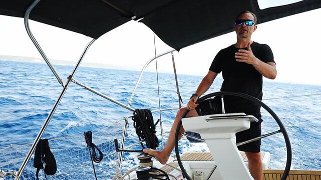 Man standing at the helm of a sailing yacht near Croatia, steering the boat through open water. Leadership, control, sailing lifestyle and freedom at sea.