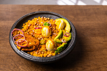 Eto with Groundnut and Avocado, Mashed Ripe Plantain Mixed With Palm Oil, Onions, and roasted groundnuts, Africa Ghana Traditional Dish