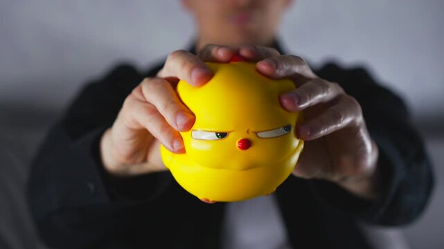A stuffed animal for stress and tension relief.
A man kneads a stuffed chicken.
Close-up of the stuffed animal.