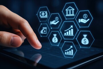 Digital Financial Management Concept with Hands Touching Icons on a Touchscreen Device