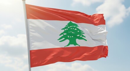 Lebanon flag waving against a blue sky with clouds in the background.