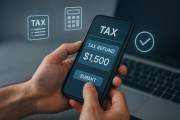 Hands holding a smartphone displaying tax refund details with calculations and a confirmation check mark