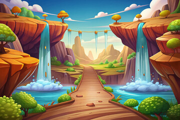 Floating road between giant waterfalls suspended in air wallpaper vector background, magical fantasy world filled with mist and light.