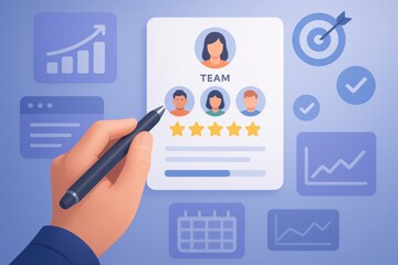 Professional Team Evaluation and Performance Review with Graphs and Charts in Modern Workspace