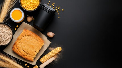 Cornbread with Corn and Oat Ingredients on a Black Background, Perfect for Healthy Eating, Baking, and Food Photography Themes