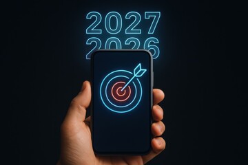 Strategic Planning for Future Goals with Smartphone and Target Concept Neon Display 2026 2027