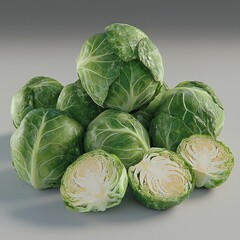 Fototapeta premium Group of Brussels sprouts, one sliced, revealing intricate texture