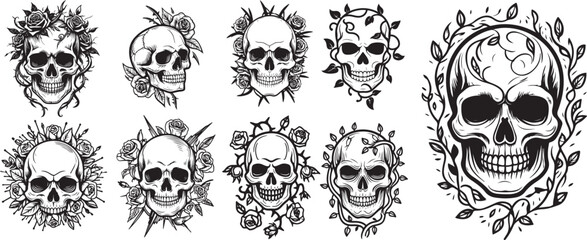 Fototapeta premium Collection of intricate skulls adorned with floral elements and leaves detailed artistic renditions vector