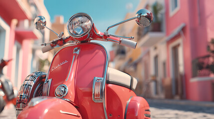 Fototapeta premium Vibrant Vintage Scooter Parked in Colorful European Street Scene with Architectural Details