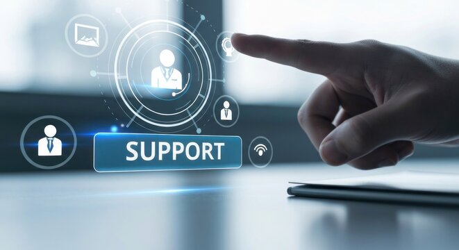 Hand touches "Support" button with tech icons around it, on shiny surface - Powered by Adobe