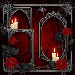 Victorian Horror Vector Pattern. Detailed background with gothic frames, dark roses, and skull patterns. Excellent for Halloween marketing, website decoration, and themed invitations.