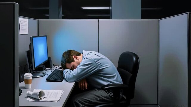 A weary person sleeps at an office desk in a cubicle, lights reflecting off the monitor