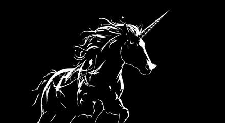 Majestic white unicorn gallops with flowing mane and spiraling horn, symbolizing magic and purity in a dynamic, artistic silhouette. © Artesian Edge