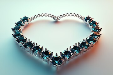 Heart-shaped diamond necklace with teal gems, gleaming under soft lighting